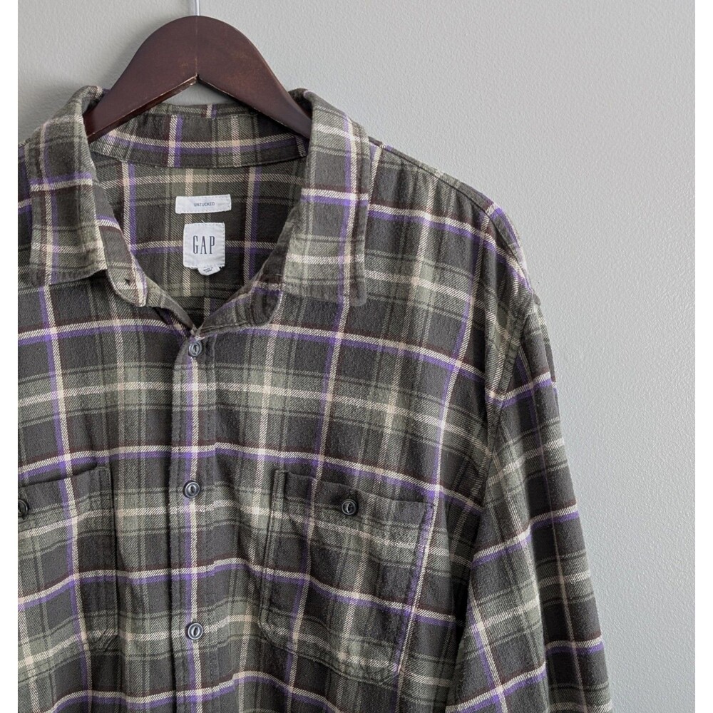 Gap Mens XXL 2XL Green Brown Plaid Flannel Shirt Untucked Fit Long Sleeve